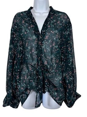 Sandy & Sid Sheer Floral Blouse Tie Front Boho Bell Sleeve Top SzXL Cottagecore